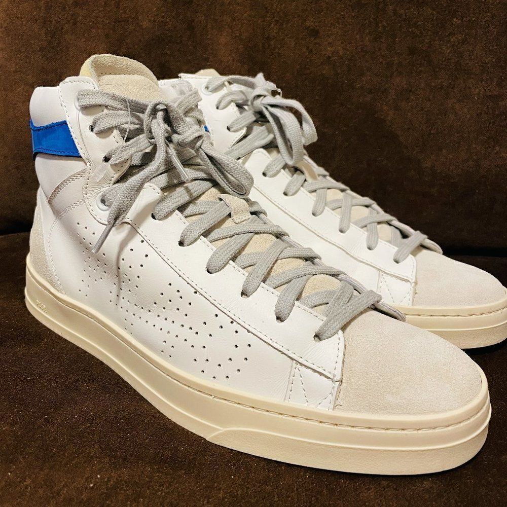 P448 Skate High Top Sneaker White Leather Buff Suede Blue Trim 42 9-9.5 Mens